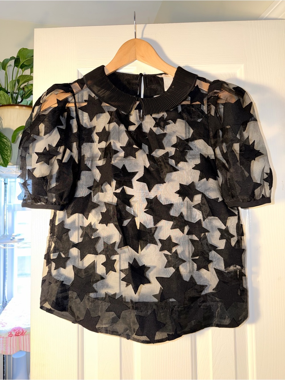 Sheer Black Star Applique Puff Sleeve Blouse Y2K Goth Coquette Statement Top